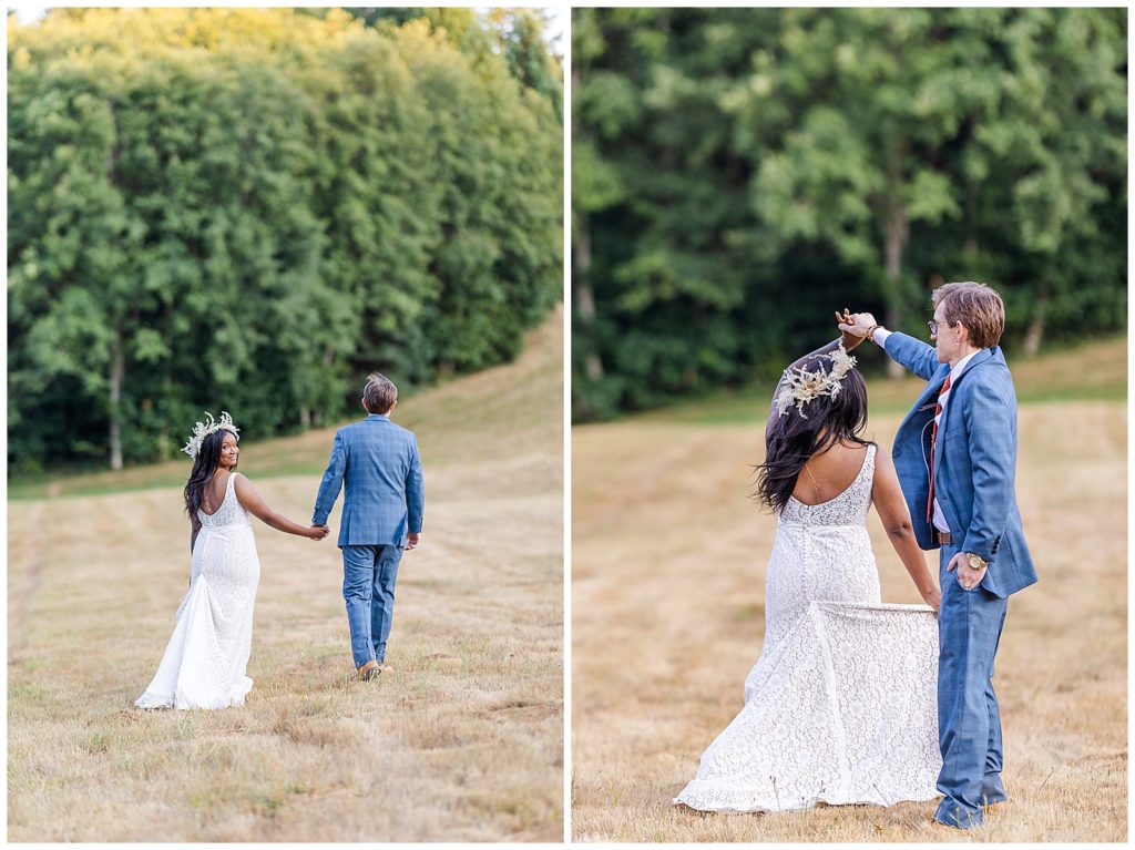 Hornings Hideout wedding bride and groom in field